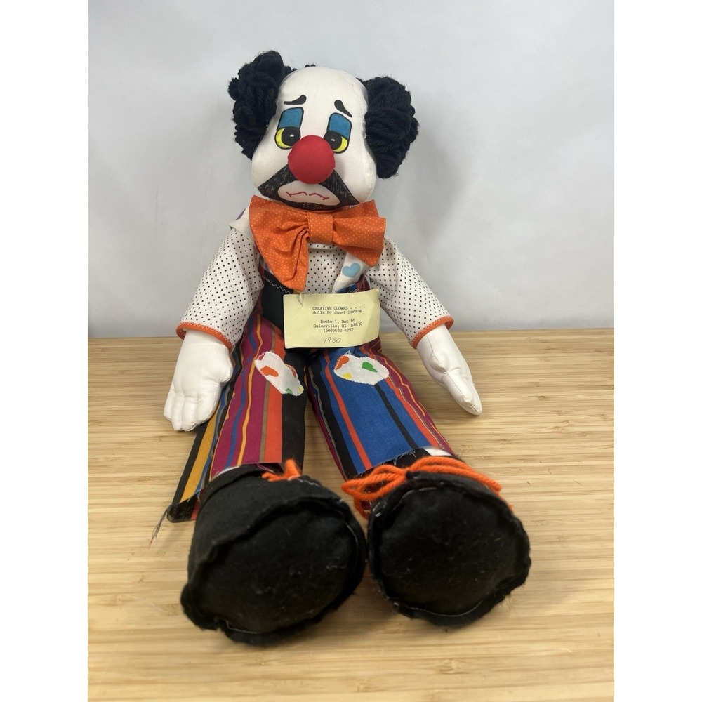 Vintage 1980 Janet Herzog Creative Clowns 24" Handmade Cloth Clown Doll Tagged